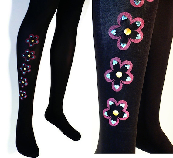 Printed and Studded Heart Flower Tights Medium