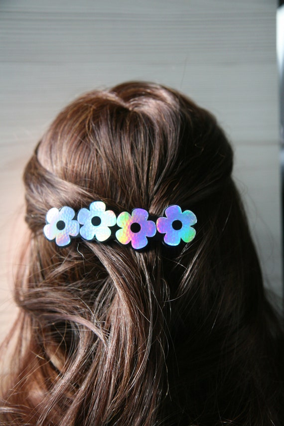 Hair Clip, Silver Rainbow Flower Hair Barrette