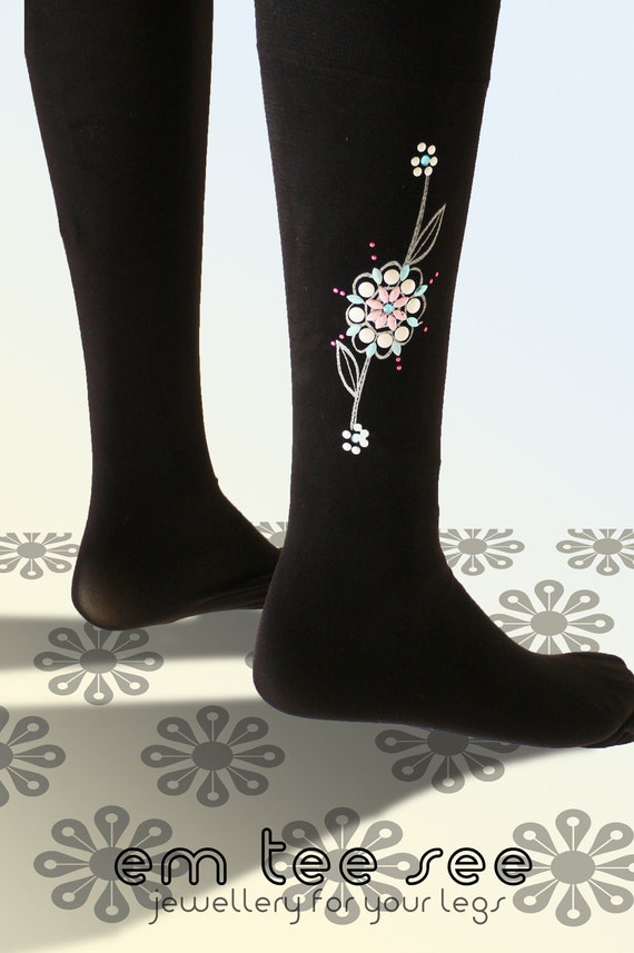 flower tights studded & printed embellished rhinestone flowers