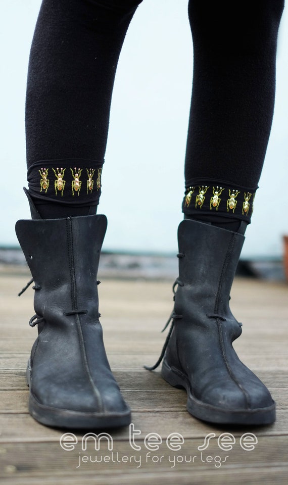 Socks Embellished Gold or Silver Printed and Studded Beetle insect knee highs or ankle highs