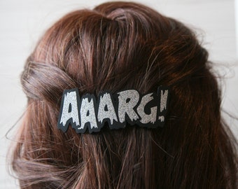 Comic Book Scream Hair Barrette in Silver or Gold, Aaarg! Hair Clip