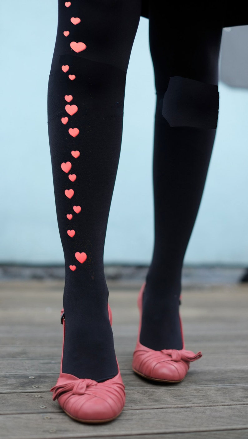 Red Heart Printed Tights Etsy