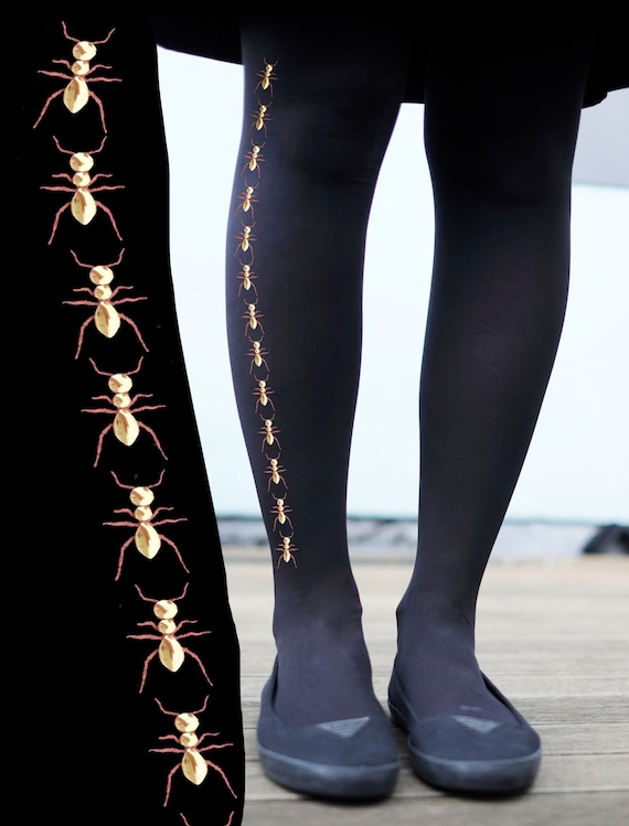 Tights - Gold Embellished Studded Printed Ants