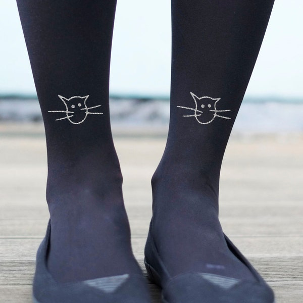 Tights - Quirky Cat print Gold or Silver