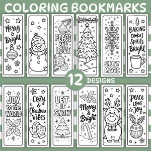 Peut inclure: Ensemble de 12 marque-pages à colorier sur le thème des fêtes. Chaque marque-page présente une illustration en noir et blanc avec des phrases festives comme "Joyeux Noël" et "Paix et Amour". Le texte "COLORIAGE MARQUE-PAGES" est en haut.