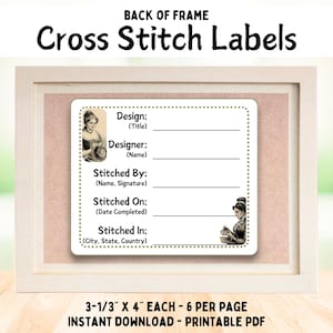 Afgewerkte projectlabels met kruissteek, voltooid handwerkorganisatie, bevestigen aan lijst, erfstukstiksels Legacy details op