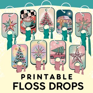 Puede incluir: Una colección de etiquetas de hilo imprimibles con diseños navideños retro. Cada etiqueta presenta ilustraciones únicas, incluyendo un árbol de Navidad, un coche clásico con un árbol y una estrella. El texto "PRINTABLE FLOSS DROPS" se muestra en la parte inferior.