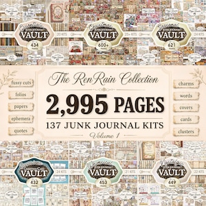 May include: The RenRain Collection featuring 2,995 pages across 137 junk journal kits. This digital resource includes fussy cuts, folios, papers, ephemera, quotes, charms, words, covers, cards, and clusters organised into various themed vaults.