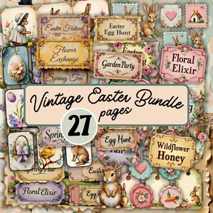 Op de afbeelding: Een verzameling vintage paas-thema-elementen. De afbeelding toont decoratieve labels, tags en illustraties met bloemen- en konijnenmotieven. Tekst bevat "Easter Festival", "Egg Hunt" en "Vintage Easter Bundle 27 pages."