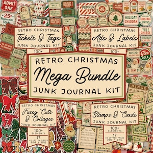 以下が含まれることがあります： チケット、タグ、広告、ラベル、細かいカット、コラージュ、スタンプ、カードなど、レトロなクリスマスをテーマにした一時的なもののコレクション。画像には、各キットの内容を示す小さな看板が付いた大きな「メガバンドル」の看板が表示されます。カラーパレットには赤、緑、クリームが含まれています。
