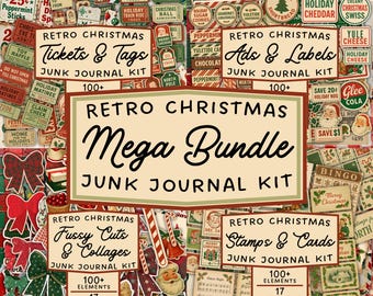 May include: A collection of retro Christmas-themed ephemera, including tickets, tags, ads, labels, fussy cuts, collages, stamps, and cards. The image features a large "Mega Bundle" sign, with smaller signs indicating the contents of each kit. The color palette includes red, green, and cream.