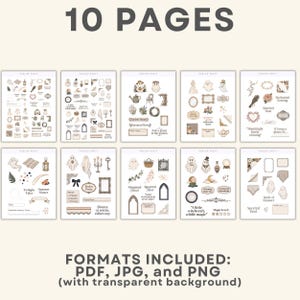May include: A digital collection of 10 pages featuring Parlor Party themed stickers and graphics. The set includes illustrations of ghosts, vintage frames, floral elements, candles, and text snippets like A little witchcraft, a little magic. Available in PDF, JPG, and PNG.