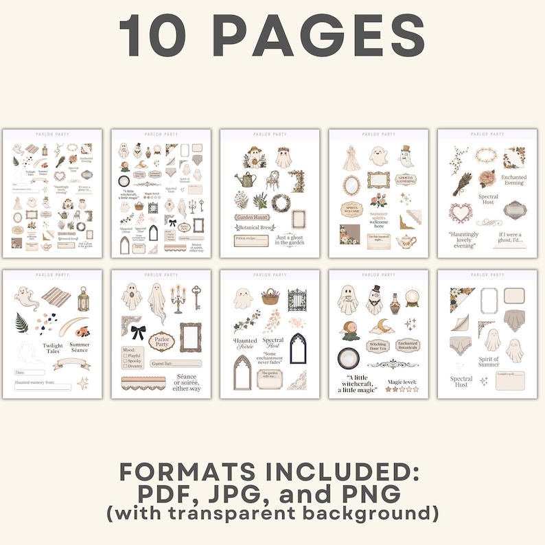 May include: A digital collection of 10 pages featuring Parlor Party themed stickers and graphics. The set includes illustrations of ghosts, vintage frames, floral elements, candles, and text snippets like A little witchcraft, a little magic. Available in PDF, JPG, and PNG.