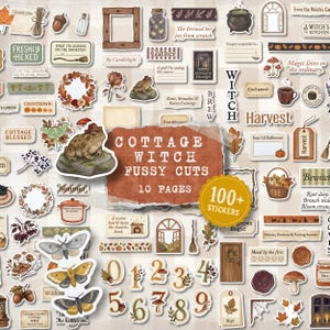 May include: A collection of over 100 cottage witch themed stickers featuring illustrations of toads, moths, pumpkins, autumn leaves, mushrooms, cauldrons, brooms, and various labels with text like Cottage Witch Fussy Cuts and 100+ Stickers.