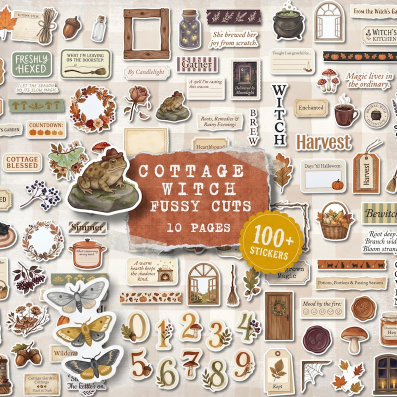 May include: A collection of over 100 cottage witch themed stickers featuring illustrations of toads, moths, pumpkins, autumn leaves, mushrooms, cauldrons, brooms, and various labels with text like Cottage Witch Fussy Cuts and 100+ Stickers.