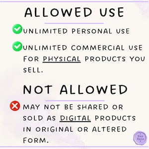 May include: A digital license information graphic with black text on a light background. It lists ALLOWED USE including unlimited personal and commercial use for physical products, and NOT ALLOWED use for sharing or selling as digital products.