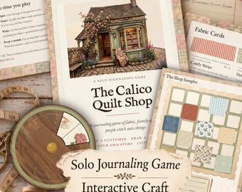 Pode incluir: Um jogo de diário solo intitulado The Calico Quilt Shop, incluindo um livro de regras, cartões de tecido, um spinner circular e uma fita métrica. A capa exibe uma ilustração de uma loja com uma colcha e detalhes florais.