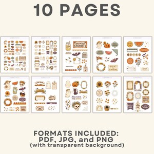 May include: A digital sticker collection featuring 10 pages of autumn and Halloween-themed illustrations including ghosts, pumpkins, sunflowers, skulls, bats, and celestial motifs. The text includes phrases like Haunted Harvest and Spooky Season.