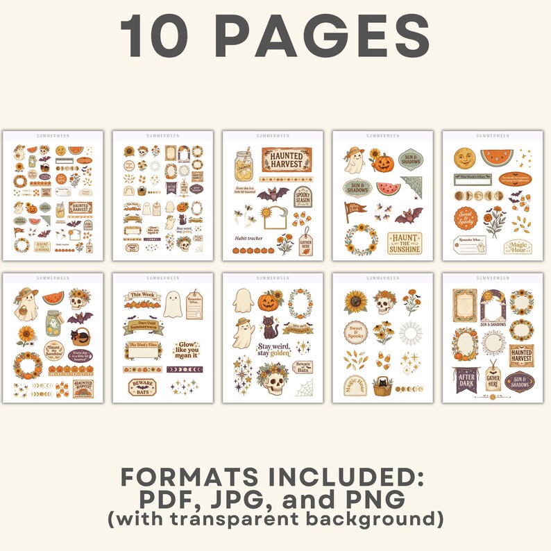 May include: A digital sticker collection featuring 10 pages of autumn and Halloween-themed illustrations including ghosts, pumpkins, sunflowers, skulls, bats, and celestial motifs. The text includes phrases like Haunted Harvest and Spooky Season.