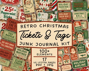 Tickets and Tags Retro Christmas Ephemera Bundle: Printable Junk Journal Kit (PDF & JPG)