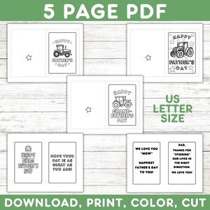 Puede incluir: Cinco p&aacute;ginas para colorear imprimibles para tarjetas del D&iacute;a del Padre. Cada p&aacute;gina presenta un tractor y un mensaje del D&iacute;a del Padre. Las p&aacute;ginas est&aacute;n dise&ntilde;adas para imprimirse en papel tama&ntilde;o carta de EE. UU. est&aacute;ndar.