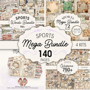 May include: A selection of sports-themed digital scrapbook kits. The image showcases four kits: a words bundle with 750+ words and phrases, a mega bundle with 140 pages, a mega bundle with 72 pages, and an ephemera kit with 750+ pieces.