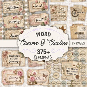 May include: A collection of vintage-style scrapbook elements, including tags, labels, and decorative accents. The design features floral motifs, handwritten text, and the words "Word Charms & Clusters" with "375+ Elements".