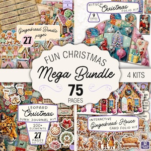 May include: A digital Christmas bundle with a gingerbread theme, including a gingerbread bundle, a kitsch Christmas folio kit, and a leopard Christmas junk journal kit. The bundle contains 75 pages and 4 kits, with festive elements and decorations.