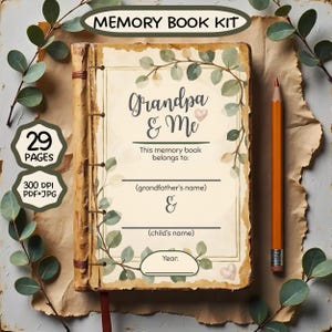 Op de afbeelding: Een geheugenboekkit in vintage-stijl met de tekst "Grandpa & Me" en ruimte voor namen en een jaar. De omslag is versierd met bladerrijke takken en harten. Bevat 29 pagina's en is 300 DPI in PDF- en JPG-formaten. Een oranje potlood ligt naast het boek.