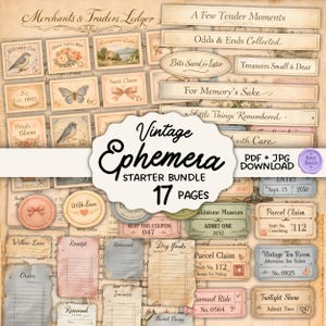 May include: A collection of vintage ephemera, including stamps, labels, receipts, and tickets. The design features a variety of colors, including beige, pink, and blue. The text "Vintage Ephemera Starter Bundle 17 Pages" is prominently displayed.
