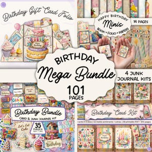 May include: A birthday-themed mega bundle with various papercrafting elements. Includes a gift card folio, mini books, journal kits, and card kits. The bundle features cakes, candles, and the text "Happy Birthday".