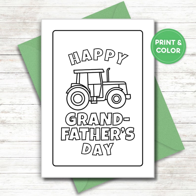 Puede incluir: Una tarjeta imprimible en blanco y negro con un tractor y el texto "Feliz D&iacute;a del Abuelo".