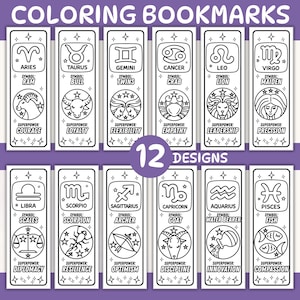 May include: A set of 12 colouring bookmarks, each with a zodiac sign, symbol, and superpower. The bookmarks feature illustrations and the text "COLORING BOOKMARKS" at the top.