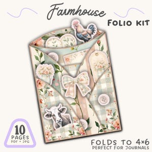 Pode incluir: Um kit Folio Farmhouse com um design floral e xadrez. O kit inclui enfeites de galo, vaca e laço. O texto no kit diz "10 PAGES PDF + JPG" e "FOLDS TO 4x6".