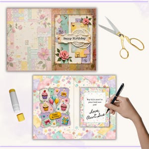 May include: A handmade birthday card with a pastel color scheme, featuring floral and decorative elements. The card includes the text "Happy Birthday" and "May this year be your best one yet! Love, Aunt Sue." Gold scissors and a glue stick are also present.