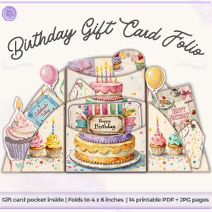 Kit de tarjetas de regalo de cumpleaños / Pasteles en acuarela, globos y otros elementos decorativos (descarga en PDF + JPG)