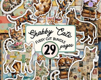Shabby Cats Fussy Cut Bundle | 29 Pages Junk Journal Printable (PDF + JPG Download)