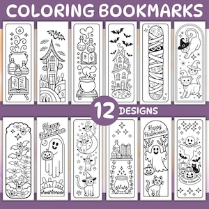Puede incluir: Una colecci&oacute;n de 12 marcap&aacute;ginas para colorear con dise&ntilde;os de Halloween y brujas. Cada marcap&aacute;ginas presenta ilustraciones &uacute;nicas de murci&eacute;lagos, gatos, fantasmas, pociones y casas encantadas. El texto "COLORING BOOKMARKS" y "12 DESIGNS" son visibles.