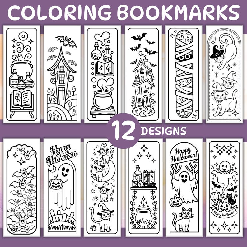 Puede incluir: Una colecci&oacute;n de 12 marcap&aacute;ginas para colorear con dise&ntilde;os de Halloween y brujas. Cada marcap&aacute;ginas presenta ilustraciones &uacute;nicas de murci&eacute;lagos, gatos, fantasmas, pociones y casas encantadas. El texto "COLORING BOOKMARKS" y "12 DESIGNS" son visibles.