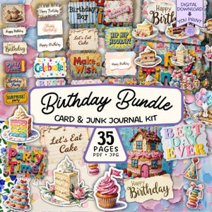 Op de afbeelding: Een digitale verjaardagsbundel met diverse decoratieve elementen. De afbeelding toont taartpunten, cupcakes, cadeauverpakkingen en banners met zinnen als "Happy Birthday" en "Let's Eat Cake". De bundel bevat 35 pagina's in PDF- en JPG-formaten.