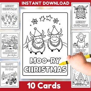 10 cartes à colorier de Noël à la ferme - Imprimables pour les fêtes de fin d'année - Pages d'activités DIY - Animaux mignons - Vache Highland, poulet, cheval, cochon