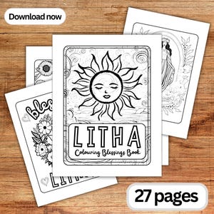 Puede incluir: Un libro para colorear en blanco y negro con 27 páginas que presenta ilustraciones del solsticio de verano, un sol con cara y flores. El título del libro es "Litha Coloring Blessings Book".