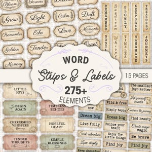 Op de afbeelding: Een verzameling woordstroken en labels in vintage-stijl met zinnen als "Dream Big", "Remember" en "Love". Het ontwerp heeft een neutraal kleurenpalet met decoratieve elementen, perfect voor scrapbooking- of knutselprojecten. De afbeelding bevat de tekst "Word Strips & Labels 275+ Elements."