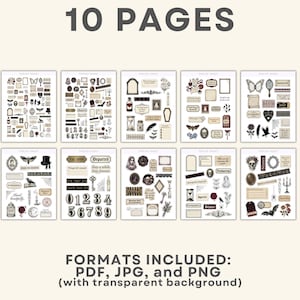 May include: A digital collection of 10 pages featuring various gothic-themed stickers and labels. The set includes illustrations of skulls, moths, candles, keys, frames, and text elements like 'Departed' and '1888'. Formats include PDF, JPG, and PNG.