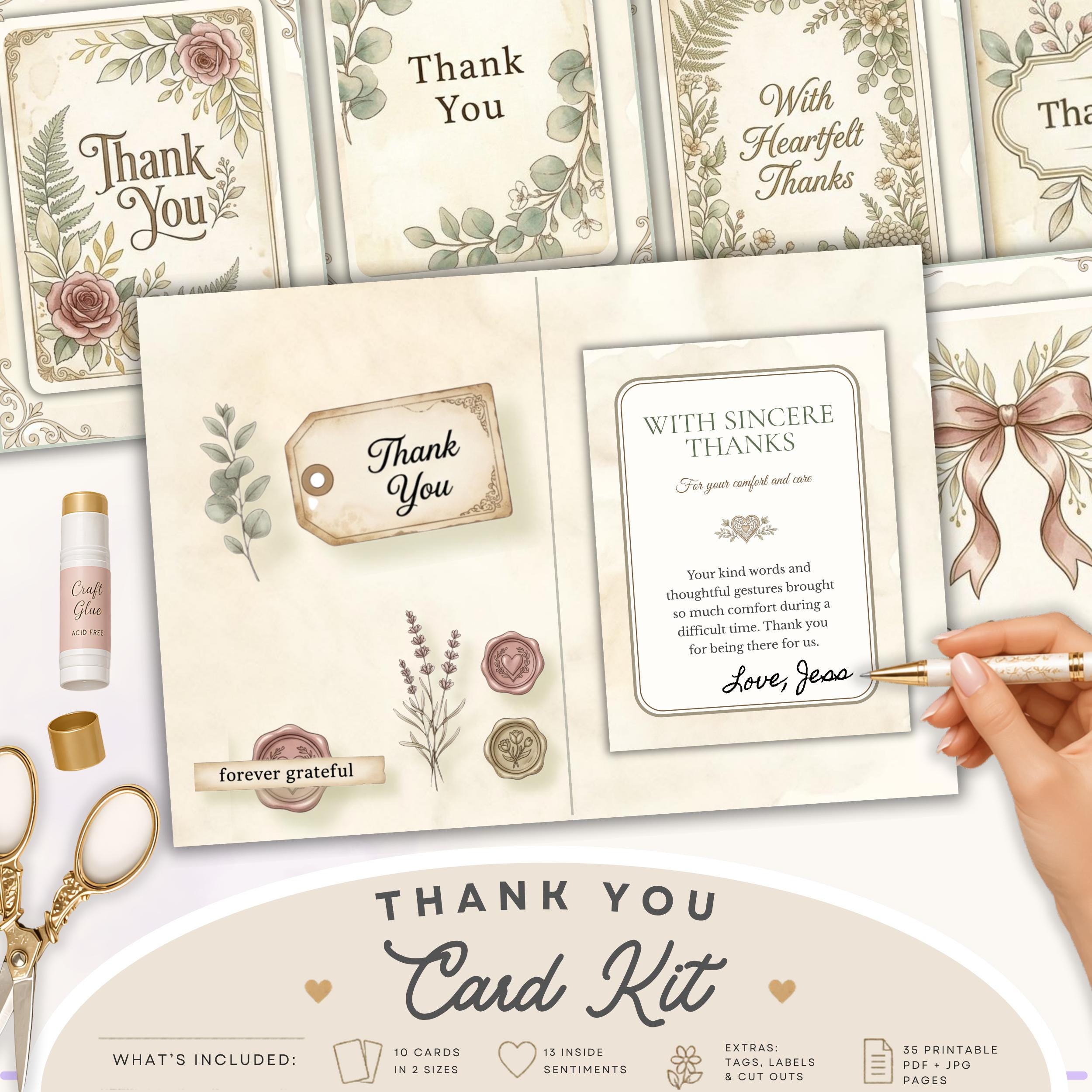 Thank You Card Kit | Vintage Floral Botanical Sentiment Set (PDF + JPG ...