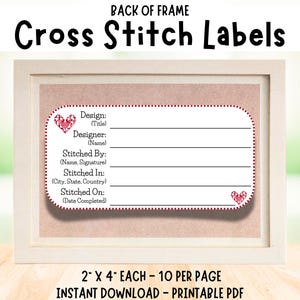 Afgewerkte projectlabels met kruissteek, organisatie van handwerk, bevestigen aan lijst, record gestikt door, datum, erfstukstiksels Oude details