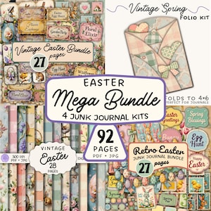 Op de afbeelding: Een Easter Mega Bundle met 4 junk journal kits. De afbeelding toont vintage-stijl Paaselementen zoals konijntjes, eieren en bloemmotieven. De bundel bevat 92 pagina's PDF- en JPG-bestanden, ideaal om te knutselen. De tekst luidt 'Vintage Easter Bundle'.