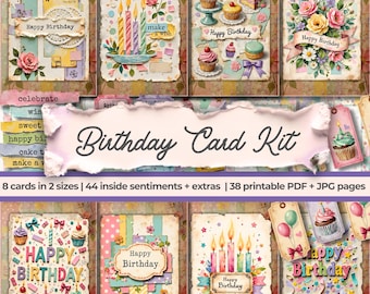 Vintage Birthday Card Kit | Junk Journal Ephemera, Sentiments (PDF + JPG Download)