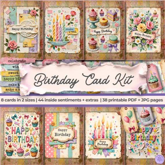 Vintage Birthday Card Kit | Junk Journal Ephemera, Sentiments (PDF + JPG Download)