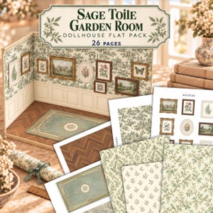 May include: A Sage Toile Garden Room dollhouse flat pack kit with 26 pages of printed materials. Includes a miniature room structure with green toile wallpaper, a herringbone floor, and various framed artwork prints for assembly.